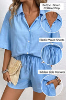Coastal linen cotton two-piece set with button-down top and elastic waist shorts in light blue