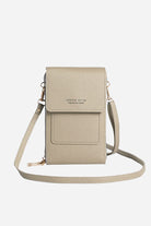 Beige premium PU leather anti-theft travel crossbody phone pouch with adjustable strap and secure design
