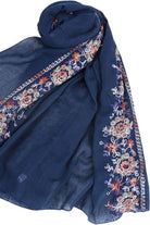 Embroidered Travel-Must Shawl in navy blue with floral embroidery, lightweight and versatile wrap for travel and sun protection