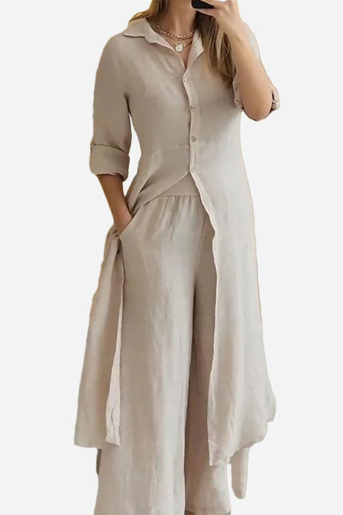 Refined Comfort coordinated wide-leg two-piece set in beige with long draped top and flowy pants for elegant comfort.
