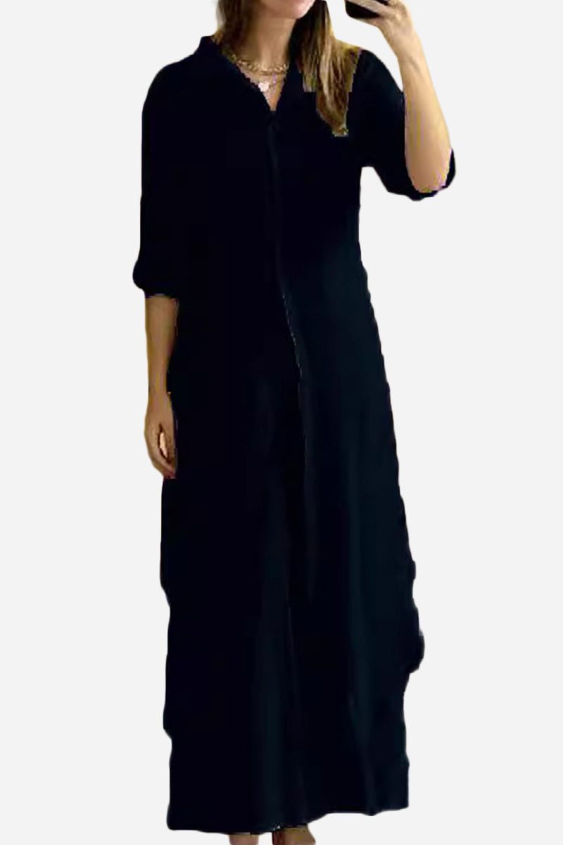 Refined Comfort black coordinated wide-leg two-piece outfit with long draped top and flowing pants