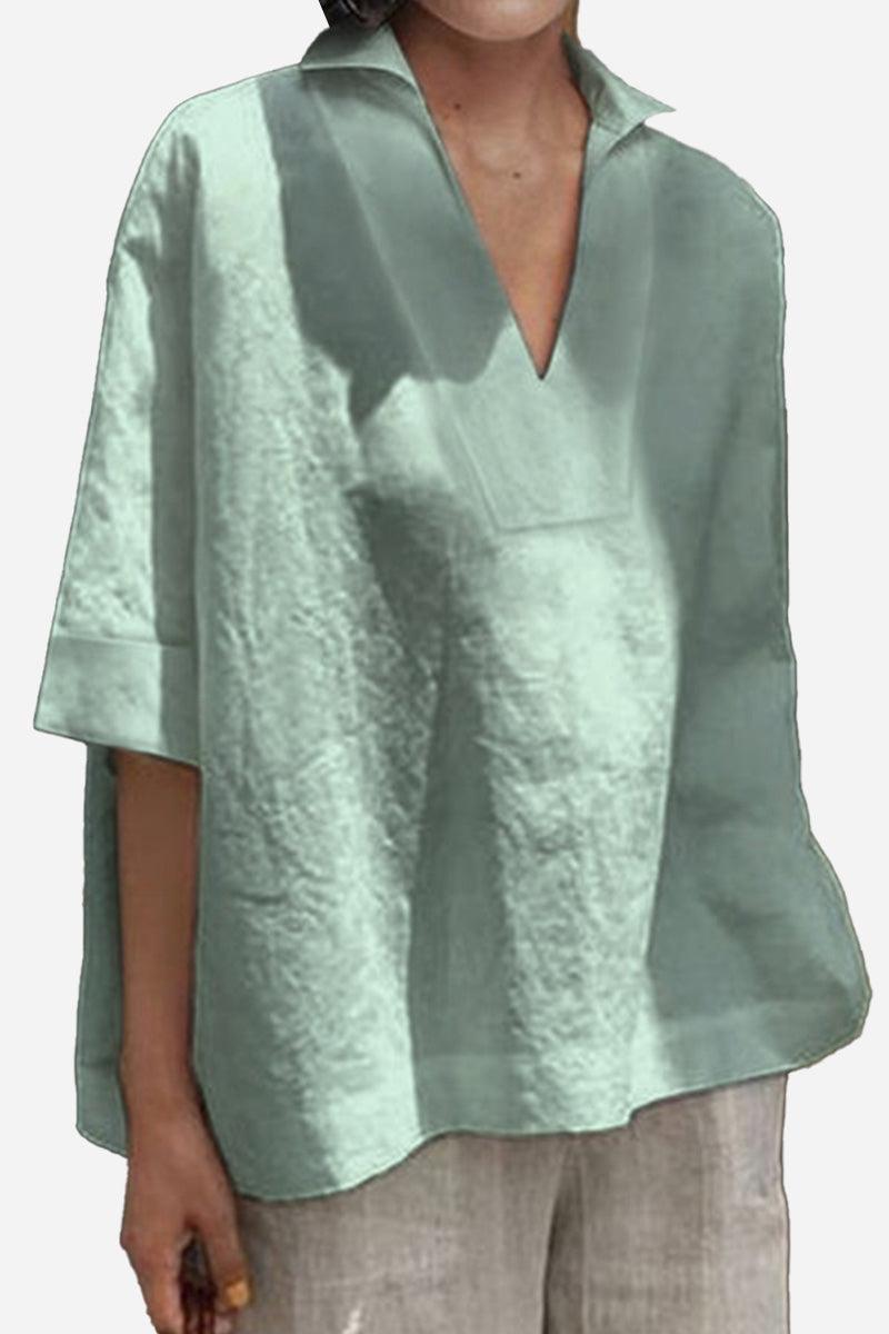 Cotton-Linen V-Neck relaxed fit breathable casual shirt in light green
