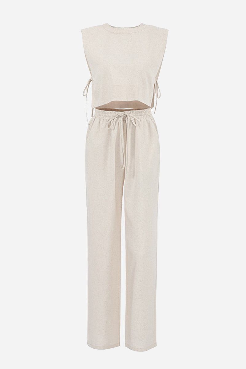 Breathable cotton-linen blend two-piece sleeveless top and drawstring pants set in beige