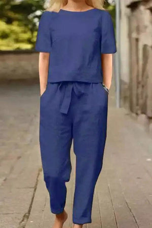 Cotton-linen blend navy monochrome two-piece set with relaxed fit top and pants
