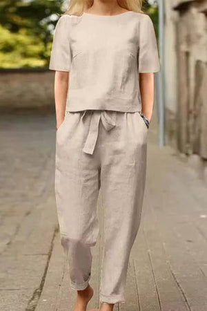 Cotton-linen blend monochrome two-piece set with relaxed fit and breathable fabric for all-day comfort