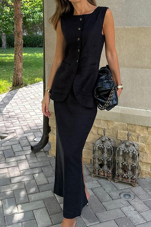 Flattering Cotton-Linen Blend Sleeveless Vest Two-Piece