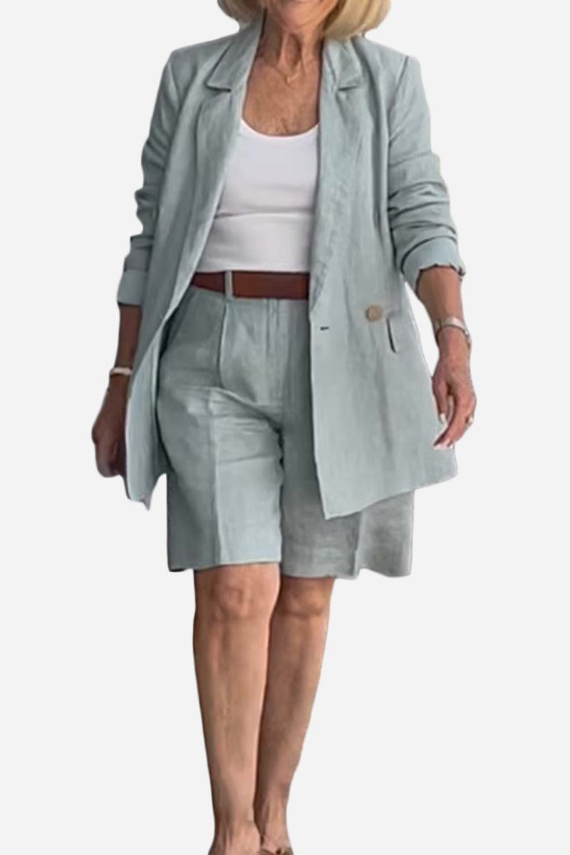 Stylish blazer and shorts two-piece set in light blue with tailored blazer and comfortable shorts for mature women
