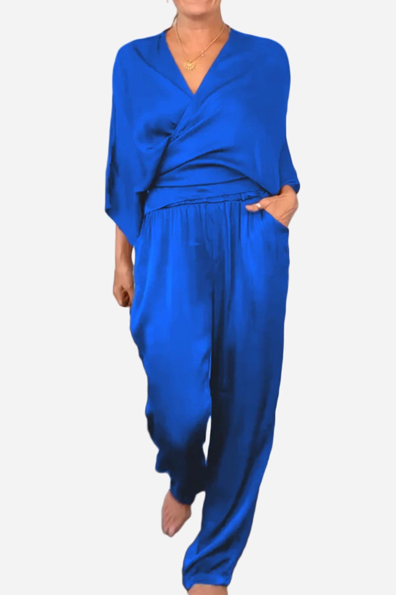 Satin Wrap Lounge two-piece set in royal blue with wrap-style top and relaxed pants for all-day comfort