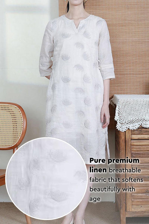 100% Linen Embroidered Notch-Neck Midi Dress