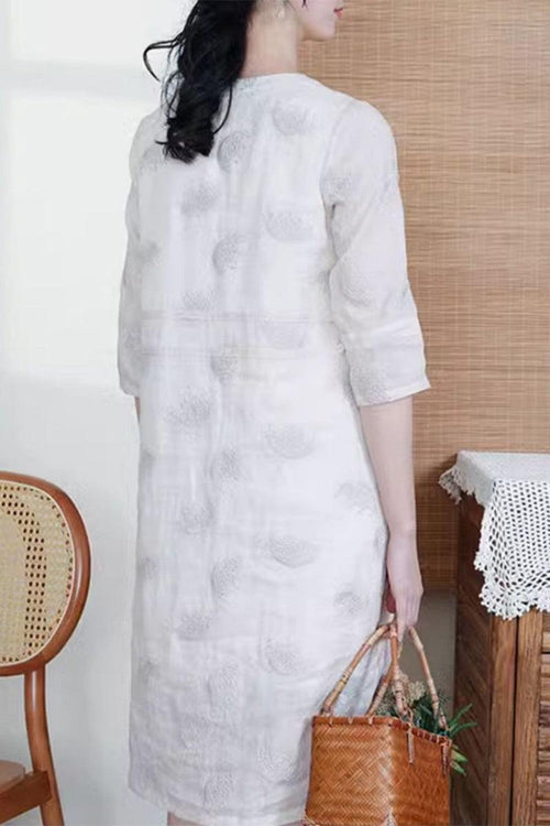 100% Linen Embroidered Notch-Neck Midi Dress