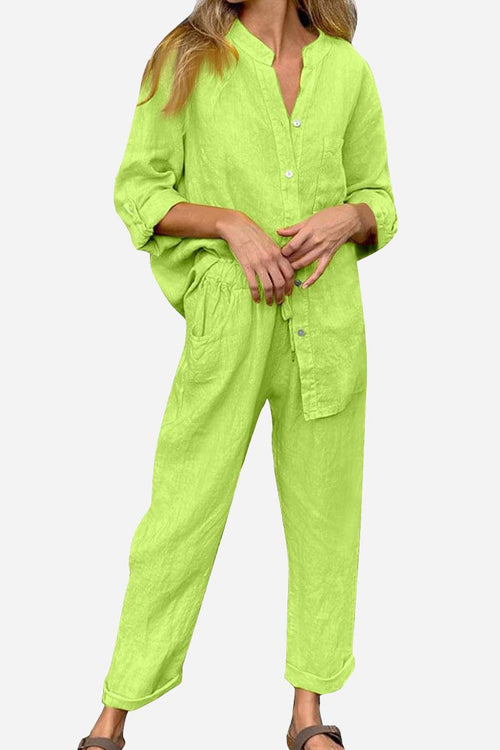 Woman wearing lime green casual chic two-piece set with button-up top and relaxed pants