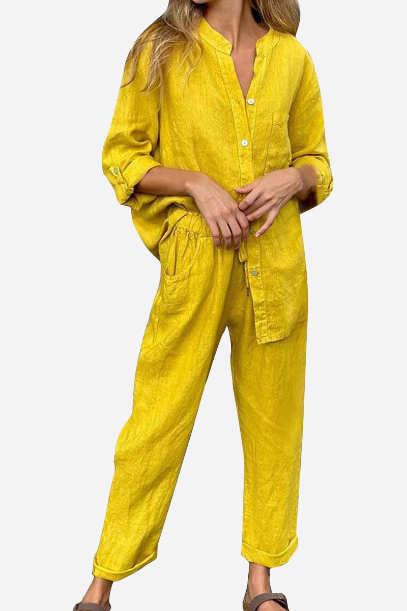 yellow casual chic two-piece set with button-up top and relaxed pants for women
