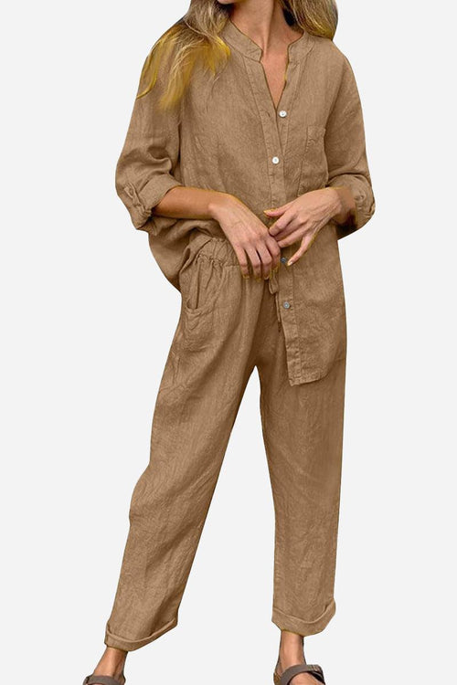 Casual Chic Two-Piece Set brown relaxed fit button-up top and pants outfit for women