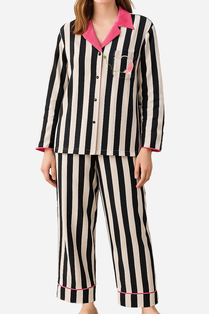 Premium moisture-wicking cotton-tencel pajama set with black and white stripes and pink trim