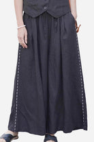 100 linen one size fits all wide-leg black linen pants with elastic waist and side detailing