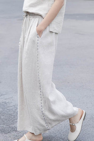 100% Linen One Size Fits All Wide-Leg Pants