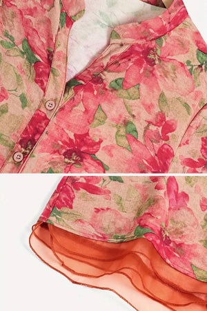 French Boutique Style organza blouse with elegant red floral print and delicate button detail