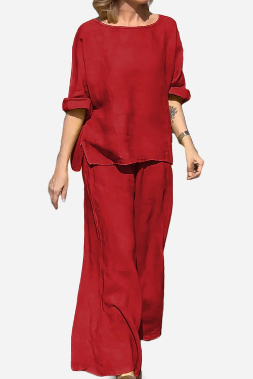 Red 100% cotton two-piece set with round neck top and wide-leg pants for comfortable casual wear