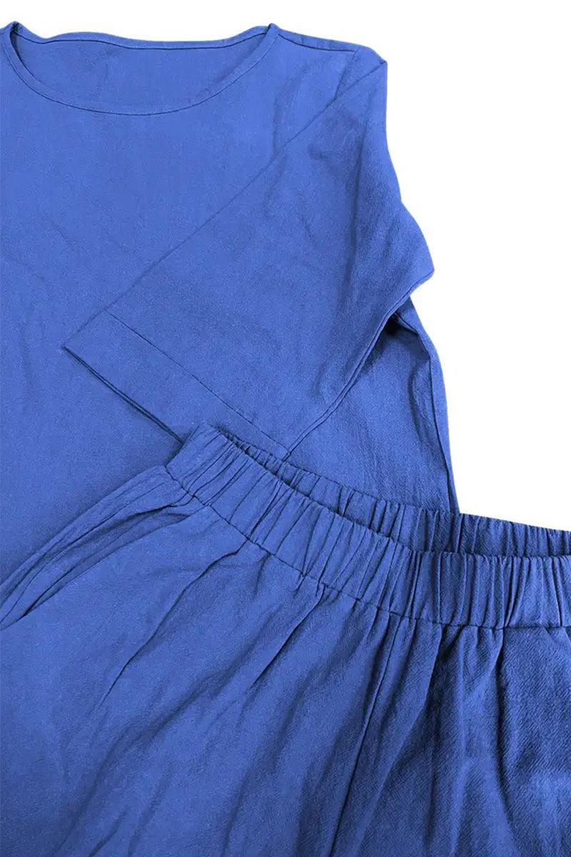 Blue 100 cotton two-piece set with round neck top and wide-leg pants for comfortable casual wear