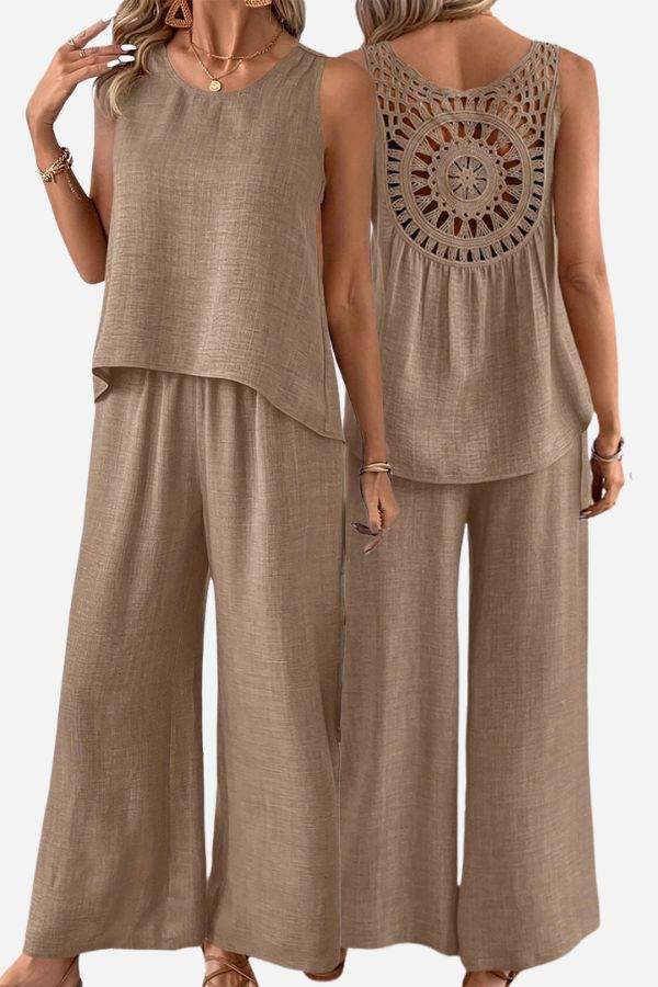 Women's Dreamcatcher Crochet-Back two-piece set with sleeveless top and wide-leg palazzo pants in linen-look fabric
