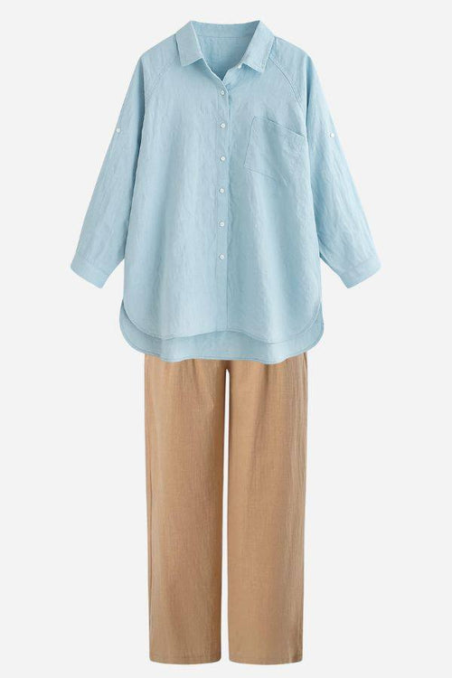 Linen Breeze Set featuring breathable light blue linen-cotton shirt with beige high-waist pants for summer comfort and style