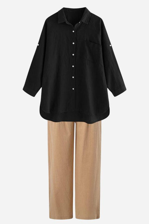linen breeze set with black linen-cotton long sleeve shirt and beige breathable pants summer outfit