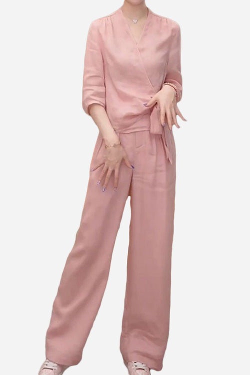 Breathable Cotton-Linen Wrap Top & Wide Leg Set