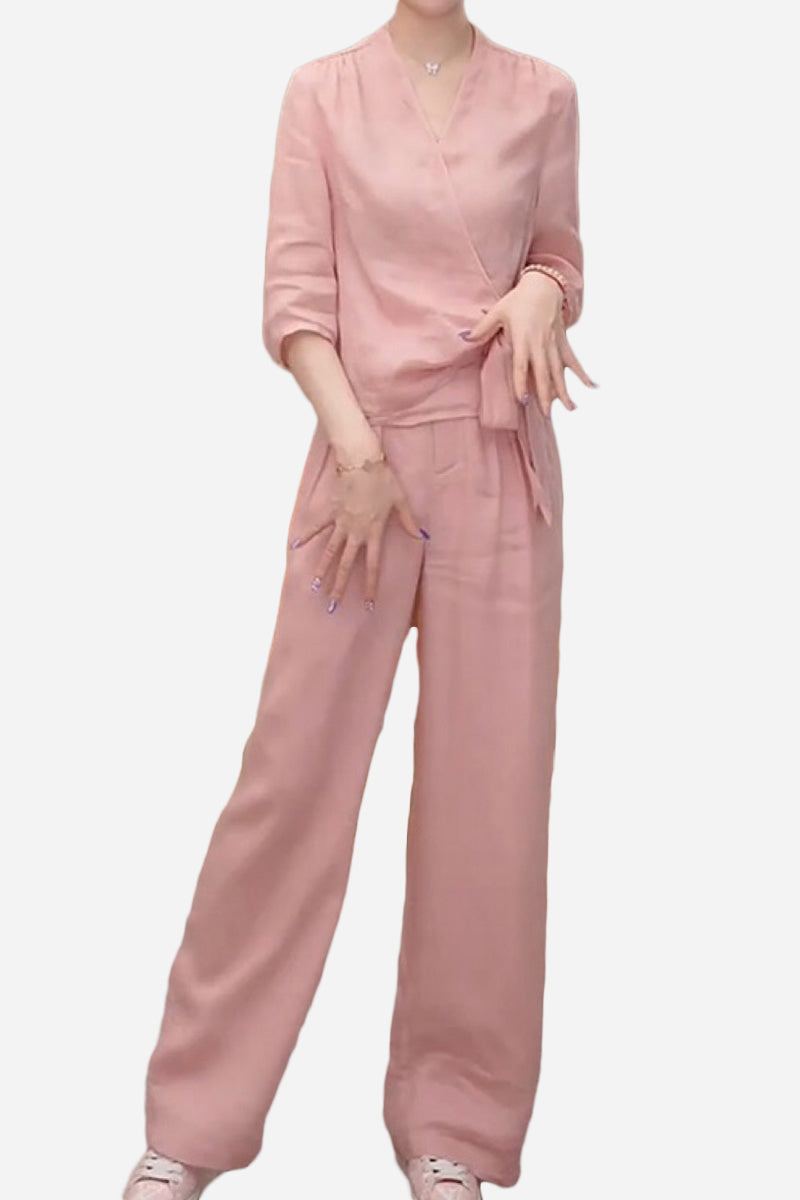 women's breathable cotton-linen pink wrap top and wide leg pants set
