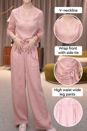 Breathable Cotton-Linen Wrap Top & Wide Leg Set