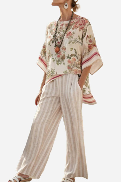 Coastal Comfort Linen two-piece set with floral top and striped wide-leg pants in breathable fabric