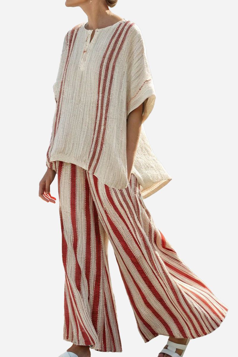 Santorini Sunset Striped two-piece set with flowing wide-leg pants and loose top in beige and rust stripes