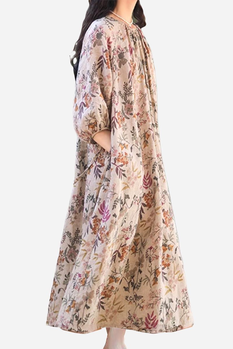 Italian Summers 100% linen maxi dress with soft floral print and relaxed fit
