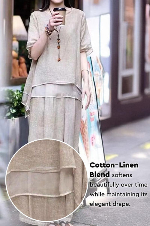 Light beige Provence cotton linen blend co-ord set with layered top and wide-leg pants for breathable comfort and relaxed fit
