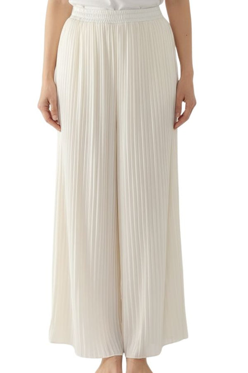 Garden Soirée cotton-silk blend pleated wide-leg trousers in ivory with elastic waistband for breathable comfort and elegant drape