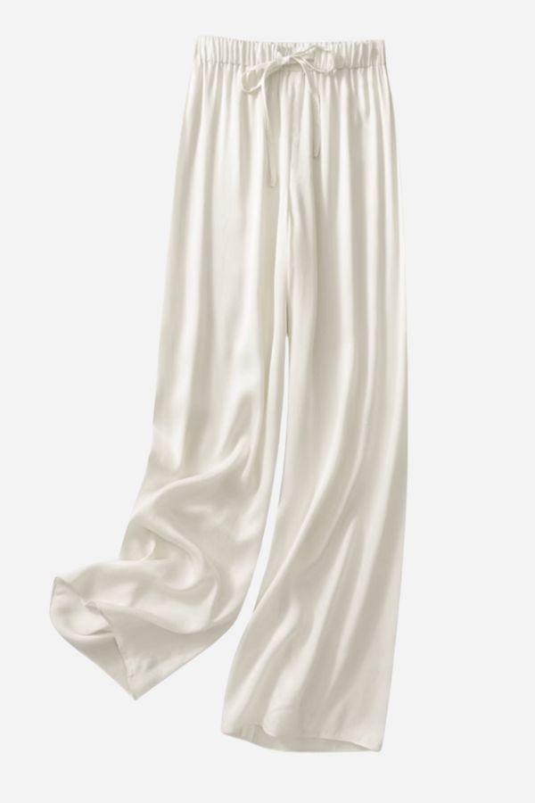 Subtle Moves Silk Wide Leg Trousers in white, high waist, breathable mulberry silk blend, wide-leg drape