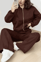 The Voyager Zip Set brown zip-front sweatshirt and wide-leg joggers travel outfit for women