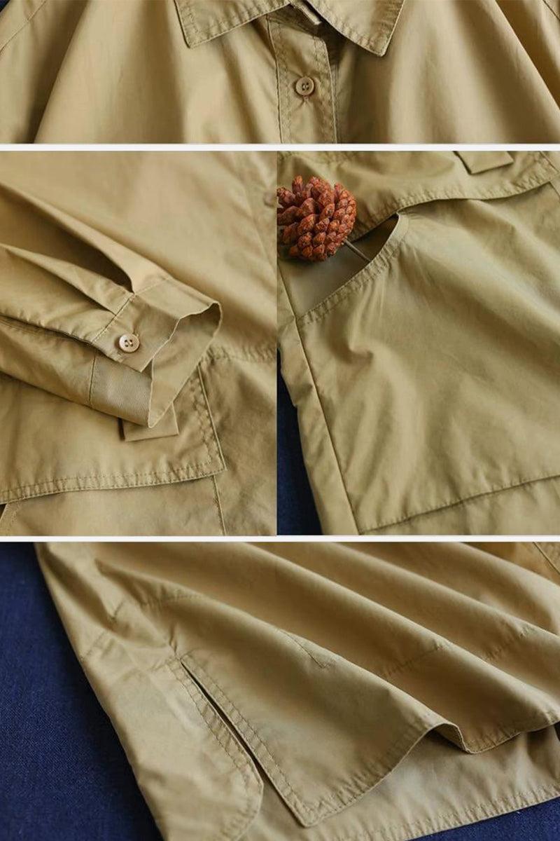 Nomad Ease Oversized Shirt-Jacket in beige with roll-up sleeves and large front pockets, versatile for layering or standalone wear.