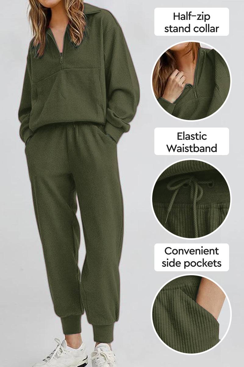 Unisex half-zip pullover and sweatpants set in olive green with stand collar, elastic waistband, and side pockets