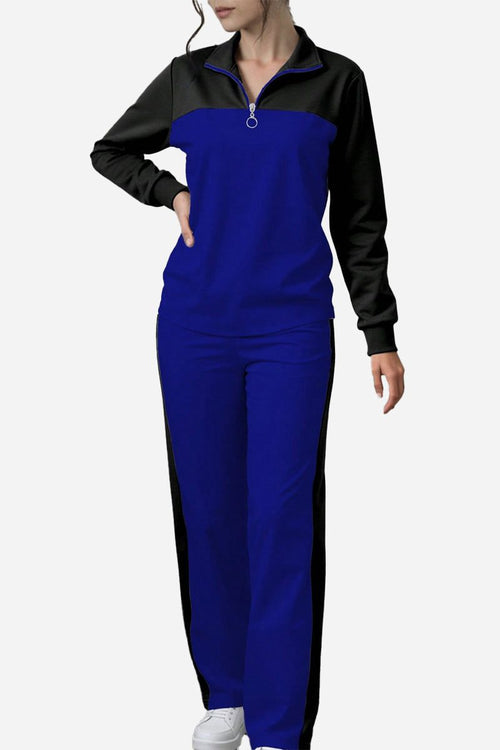 Colorblock Comfort Leisure Set with half-zip collar and wide-leg pants in blue and black for cozy winter wear