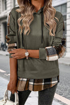 Olive green Countryside Layered Hoodie with built-in plaid hem and cuffs, relaxed fit, and drawstring hood.