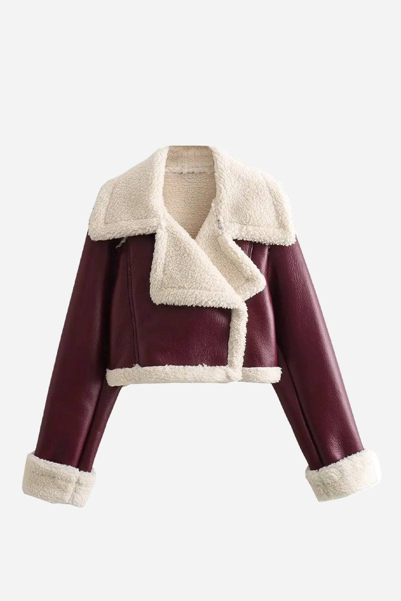 Cropped faux leather sherpa jacket with cream fleece lining and trim in burgundy color