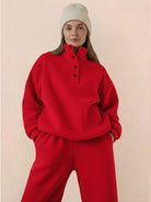 Woman wearing red Warm & Easy Two-Piece Set with pullover hoodie and matching pants