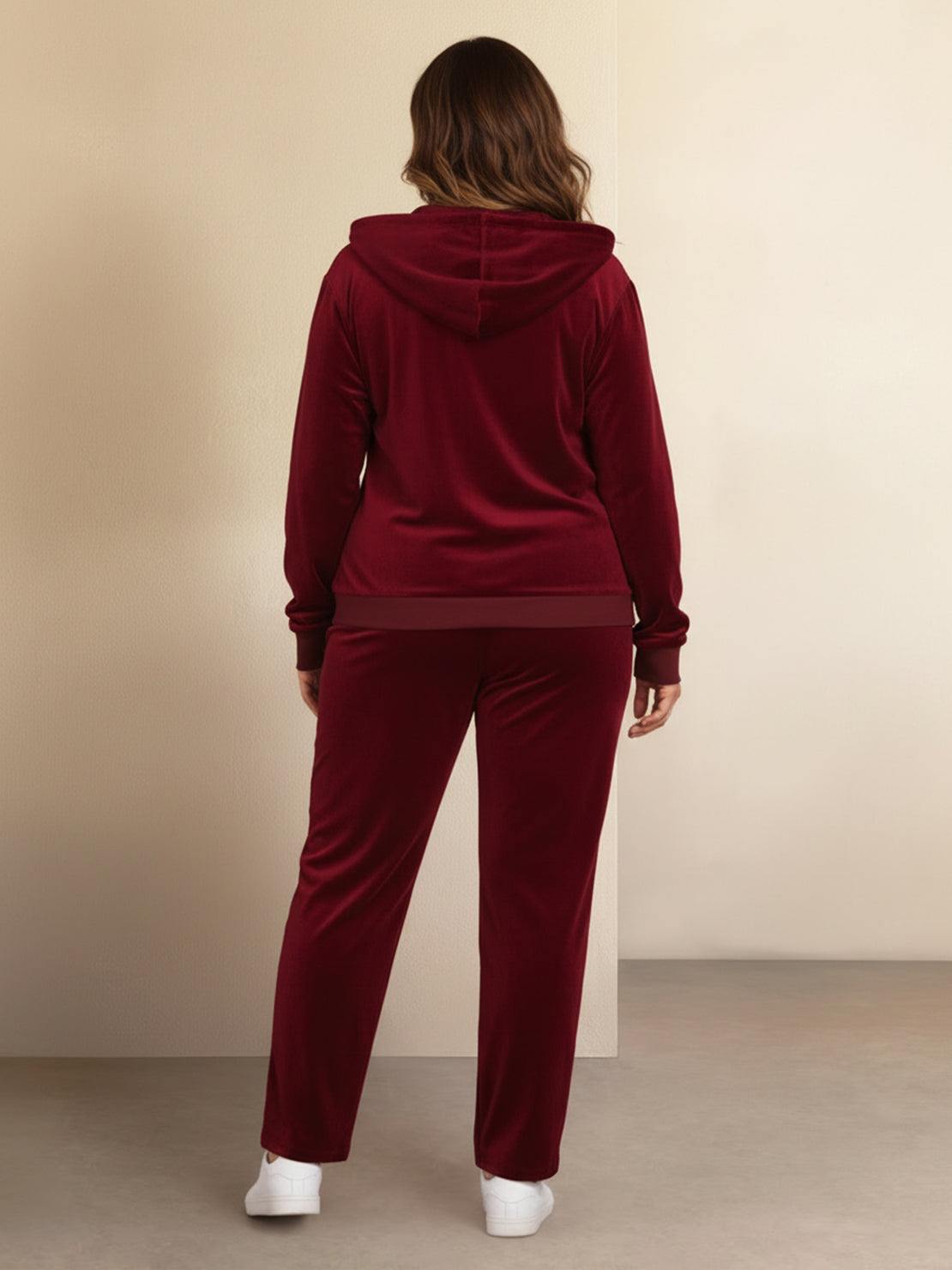 plus size velour zip-up tracksuit with hoodie and straight-leg pants in soft plush fabric