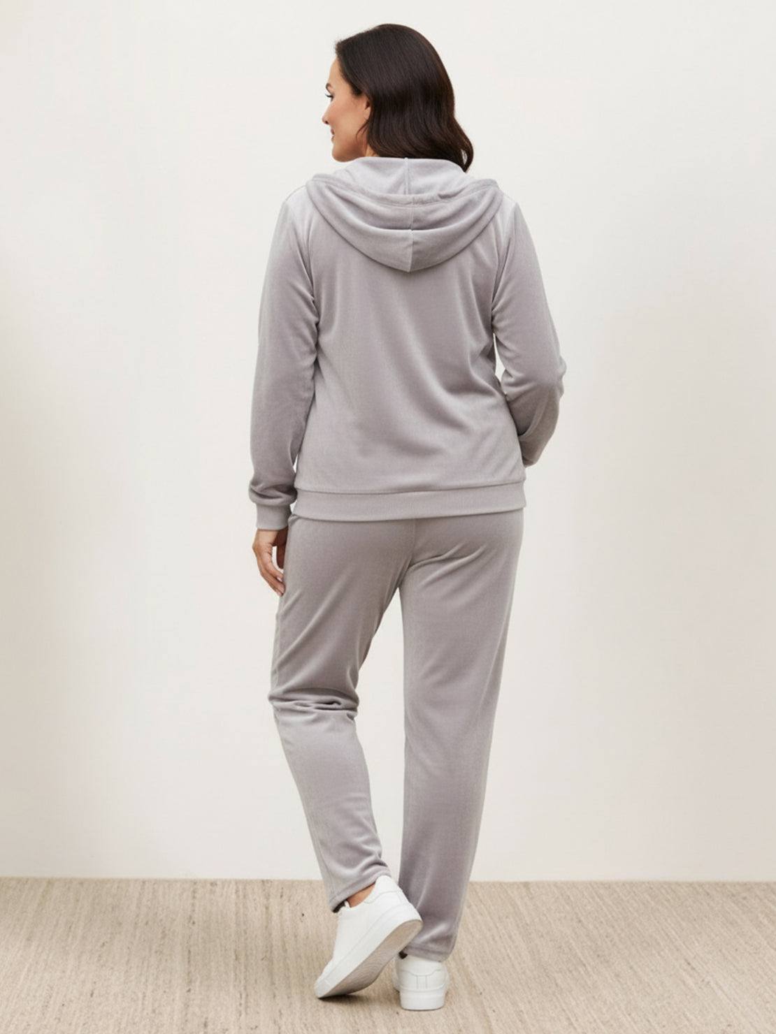 Plus size velour zip-up tracksuit with hoodie and straight-leg pants
