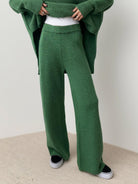 Soft-knit turtleneck two-piece set with relaxed fit and wide-leg pants