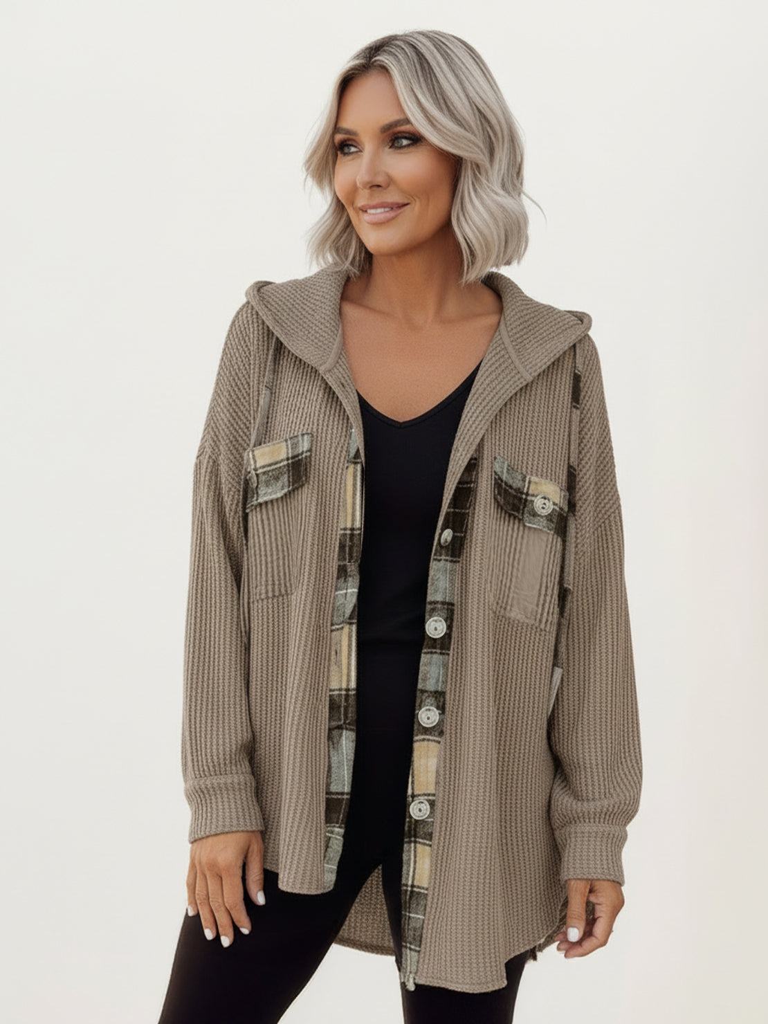 CloudKnit oversized hooded shacket in waffle knit with button-front and drawstring hood, relaxed fit and longer back hem.