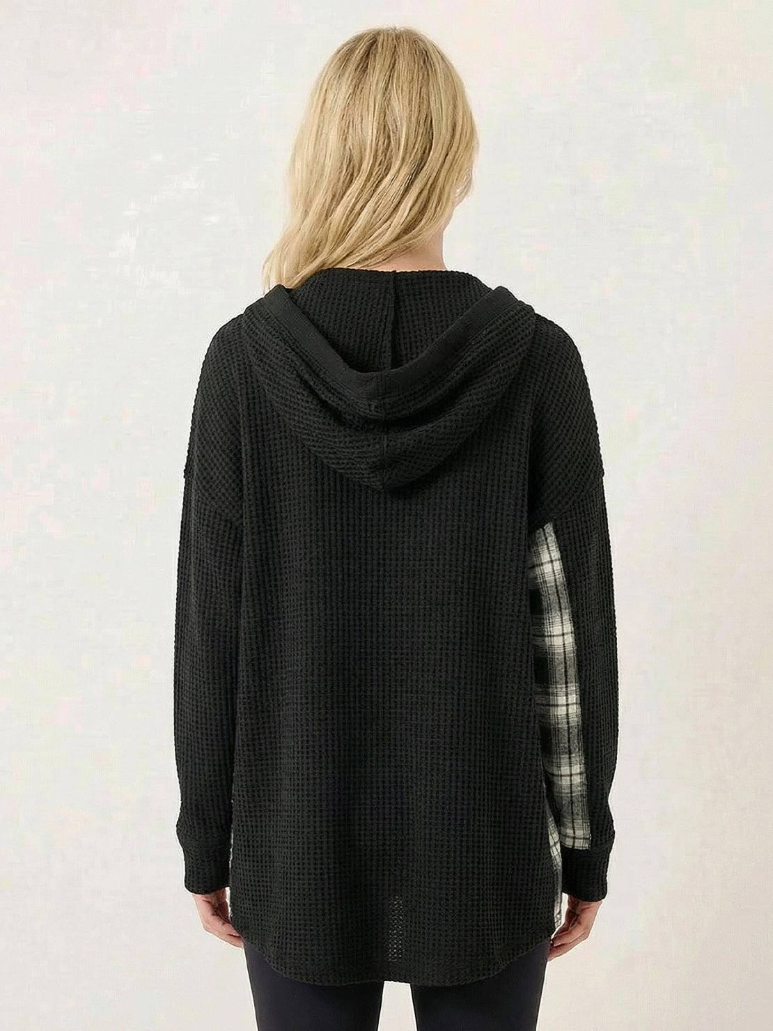 CloudKnit Oversized Hooded Shacket in textured waffle knit with button front and drawstring hood