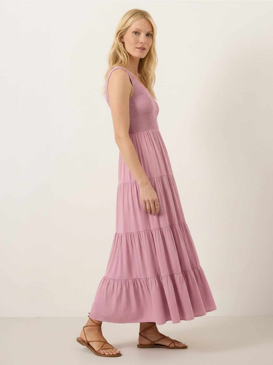 Smocked sleeveless maxi dress with tiered skirt and scoop neckline in lightweight fabric