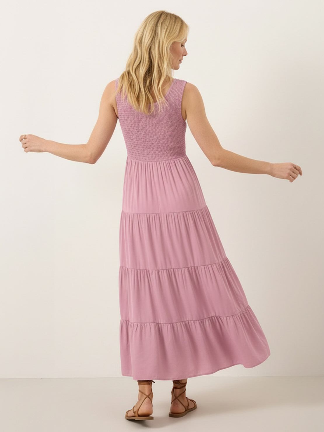 Smocked sleeveless maxi dress with tiered skirt and scoop neckline