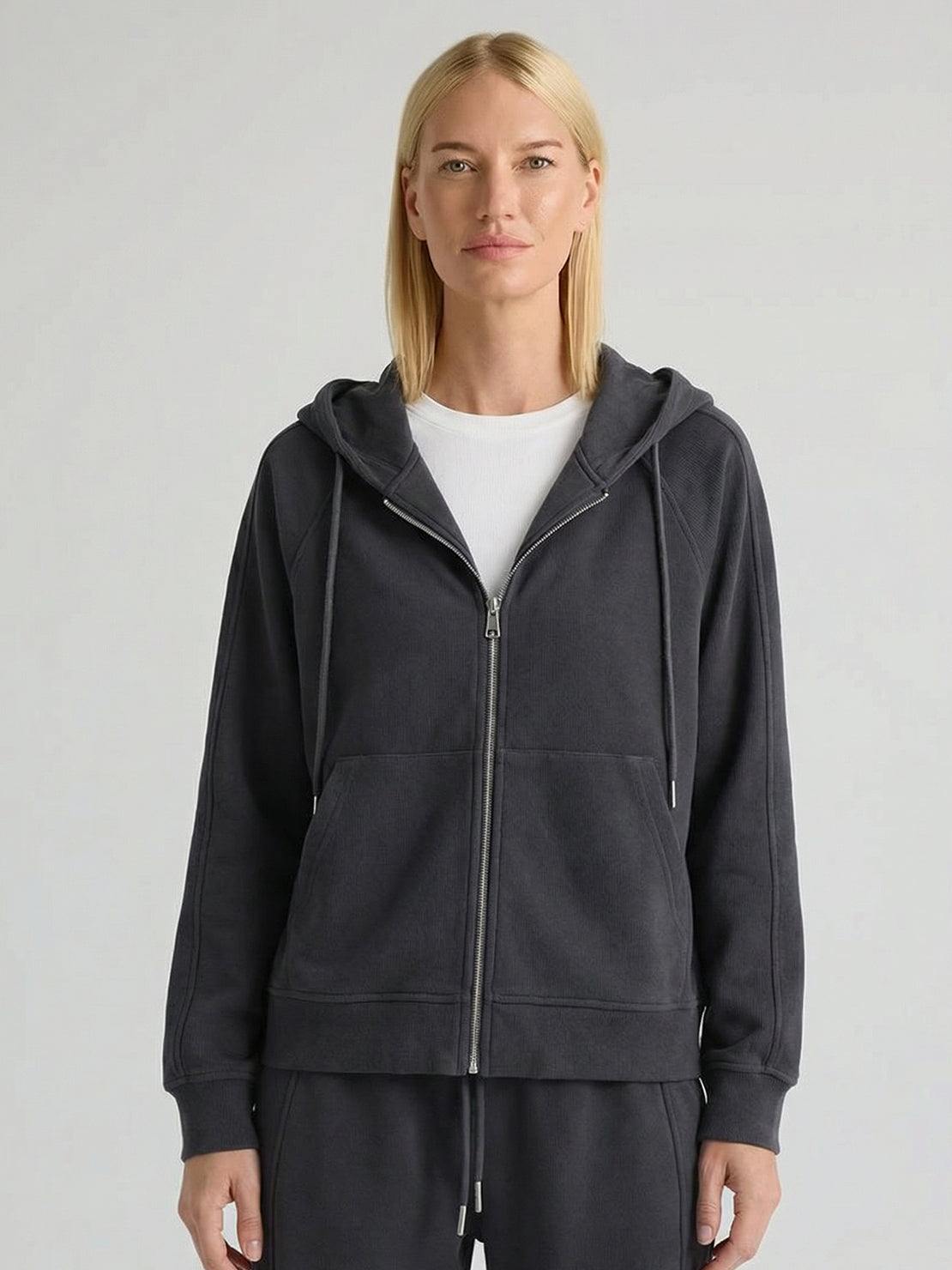 Chenille zip-up loungewear set with hoodie and wide-leg pants in soft, subtle sheen fabric